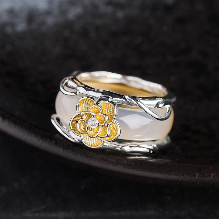 Buddha Stones Anello portafortuna a doppio utilizzo con calcedonio giallo miele e osmanto - image 1