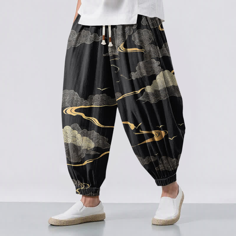 Buddha Stones Pantaloni harem da uomo in puro cotone con motivo nuvole dorate e coulisse, con tasche. - Nero - US/UK/AU50, EU60 (5XL) - image 0