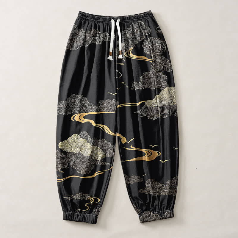 Buddha Stones Pantaloni harem da uomo in puro cotone con motivo nuvole dorate e coulisse, con tasche. - image 1