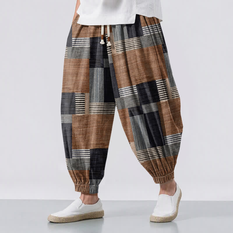 Buddha Stones Pantaloni harem da uomo in puro cotone con coulisse e tasche, motivo a quadri e righe patchwork. - Perù - US/UK/AU50, EU60 (5XL) - image 0