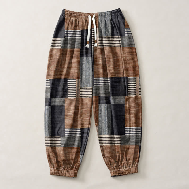 Buddha Stones Pantaloni harem da uomo in puro cotone con coulisse e tasche, motivo a quadri e righe patchwork. - image 1