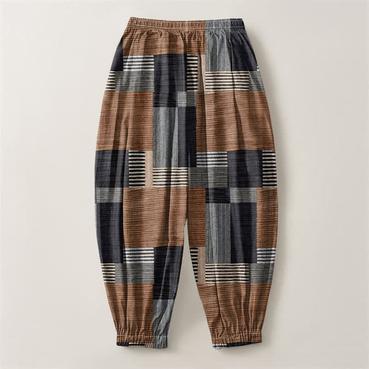 Buddha Stones Pantaloni harem da uomo in puro cotone con coulisse e tasche, motivo a quadri e righe patchwork. - image 2