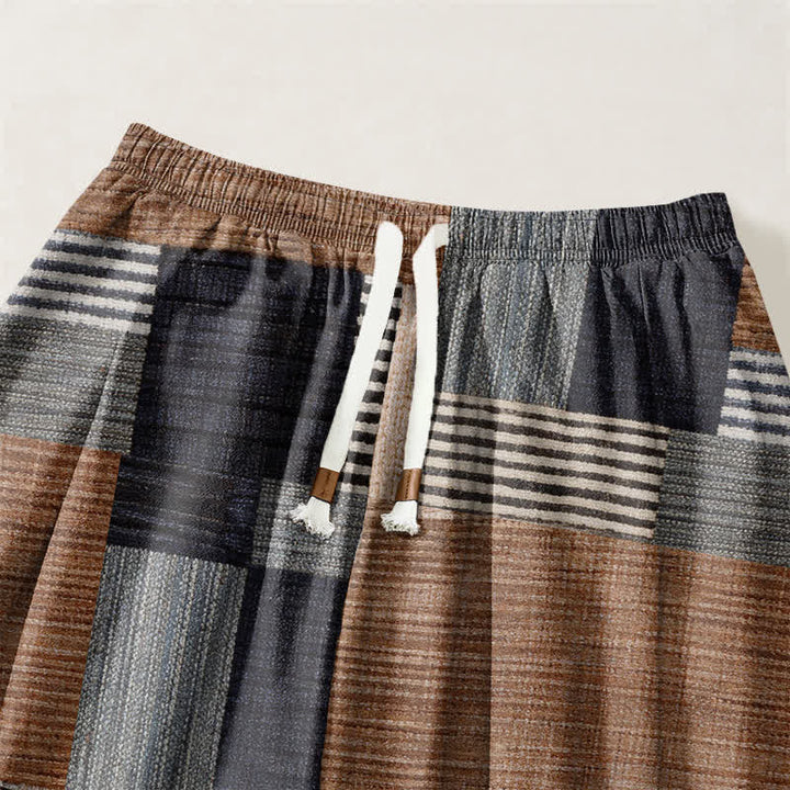 Buddha Stones Pantaloni harem da uomo in puro cotone con coulisse e tasche, motivo a quadri e righe patchwork. - image 3