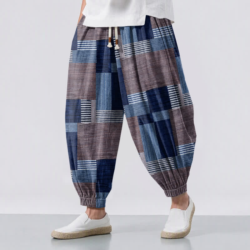 Buddha Stones Pantaloni harem da uomo in puro cotone con coulisse e tasche, motivo a quadri e righe patchwork. - Marina - US/UK/AU50, EU60 (5XL) - image 6
