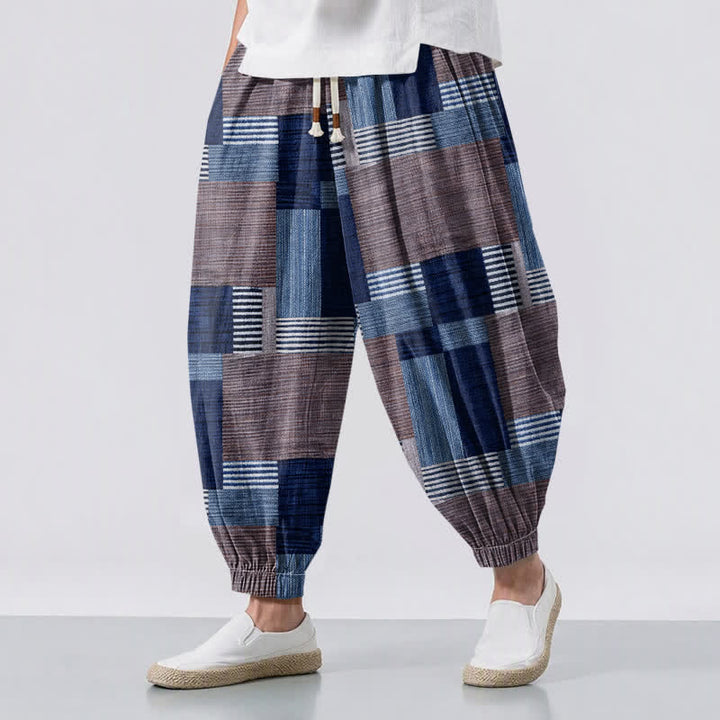 Buddha Stones Pantaloni harem da uomo in puro cotone con coulisse e tasche, motivo a quadri e righe patchwork. - Marina - US/UK/AU50, EU60 (5XL) - image 6