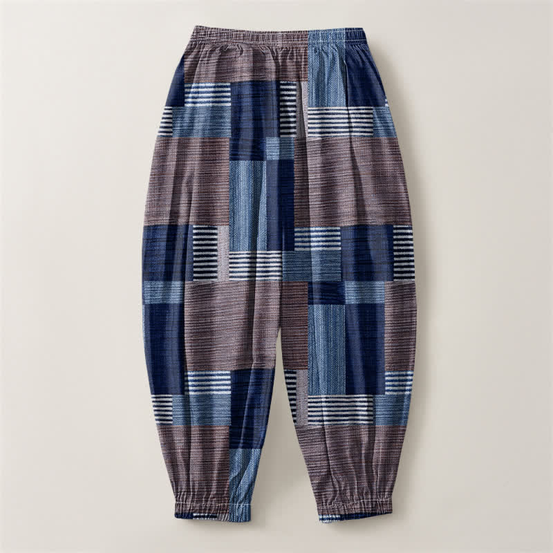 Buddha Stones Pantaloni harem da uomo in puro cotone con coulisse e tasche, motivo a quadri e righe patchwork. - image 8