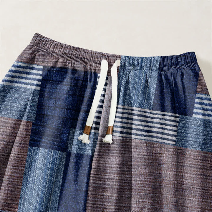 Buddha Stones Pantaloni harem da uomo in puro cotone con coulisse e tasche, motivo a quadri e righe patchwork. - image 9