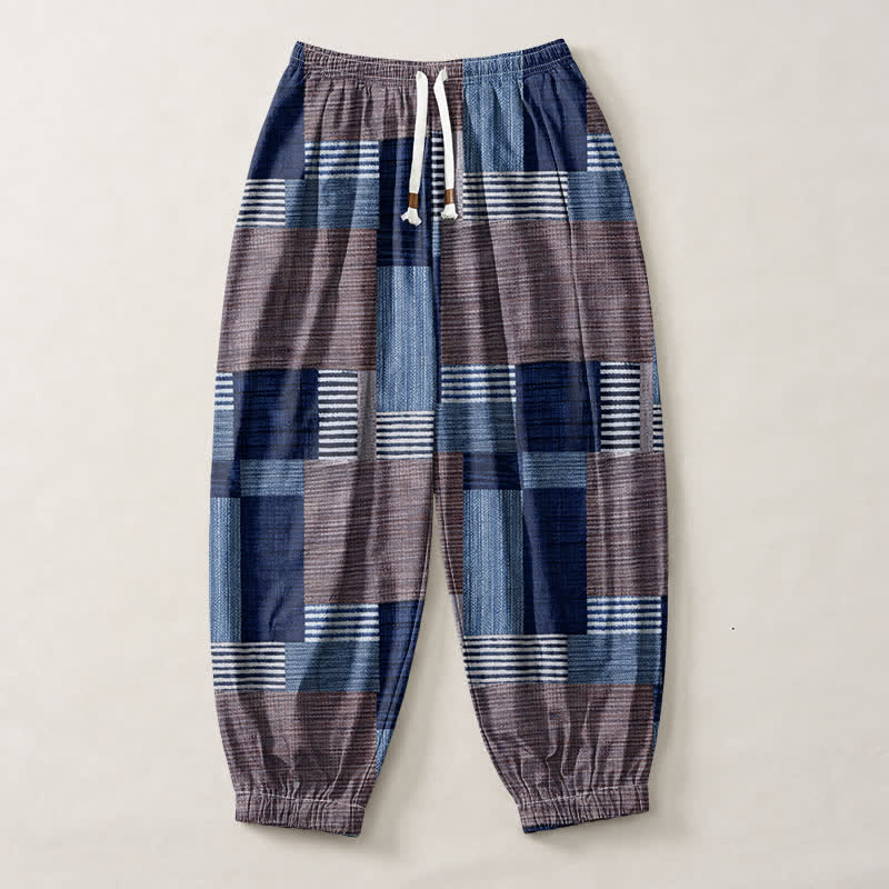Buddha Stones Pantaloni harem da uomo in puro cotone con coulisse e tasche, motivo a quadri e righe patchwork. - image 7