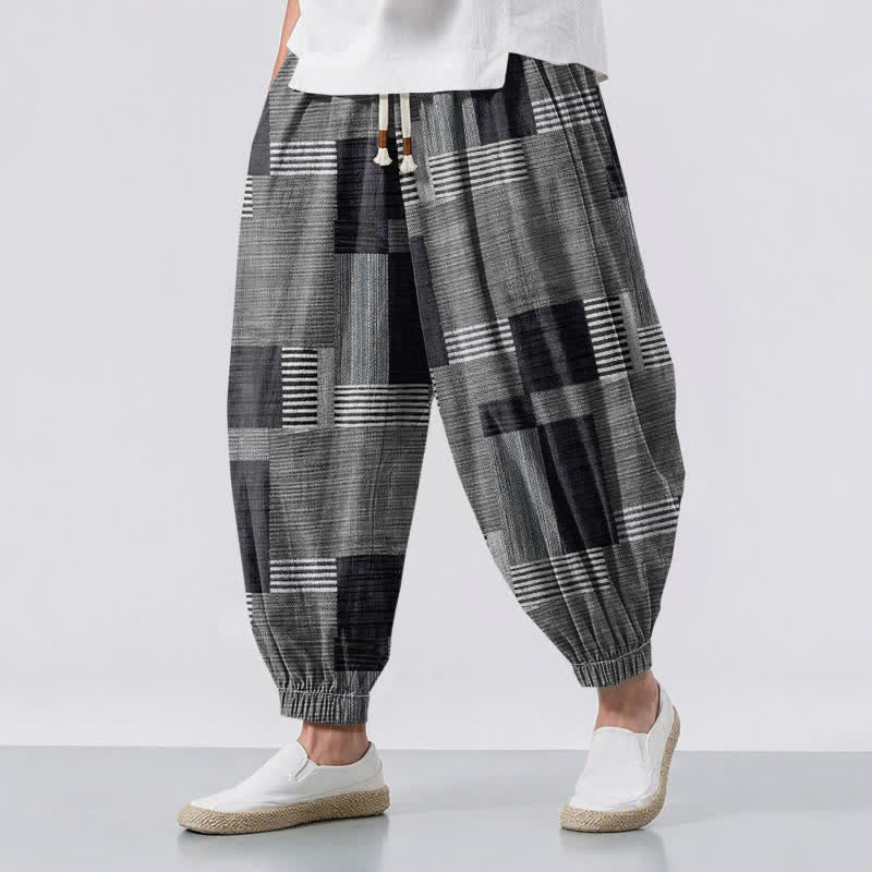 Buddha Stones Pantaloni harem da uomo in puro cotone con coulisse e tasche, motivo a quadri e righe patchwork. - Grigio - US/UK/AU50, EU60 (5XL) - image 12