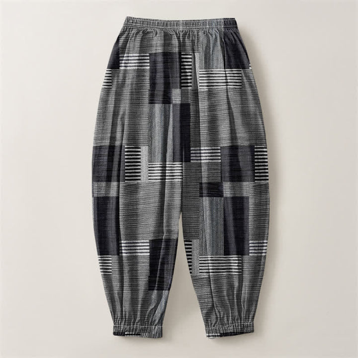 Buddha Stones Pantaloni harem da uomo in puro cotone con coulisse e tasche, motivo a quadri e righe patchwork. - image 14