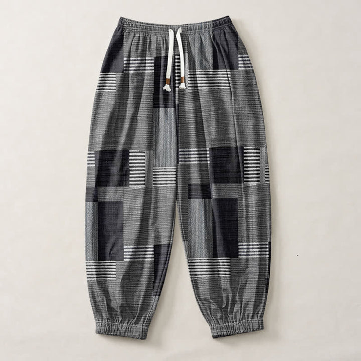 Buddha Stones Pantaloni harem da uomo in puro cotone con coulisse e tasche, motivo a quadri e righe patchwork. - image 13