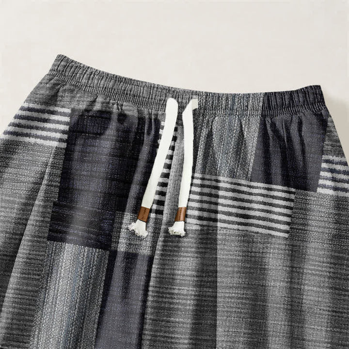 Buddha Stones Pantaloni harem da uomo in puro cotone con coulisse e tasche, motivo a quadri e righe patchwork. - image 15
