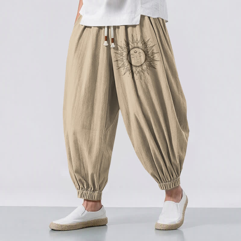 Buddha Stones Pantaloni harem da uomo in puro cotone con coulisse e tasche, fantasia a raggiera. - Legno robusto - US/UK/AU50, EU60 (5XL) - image 0
