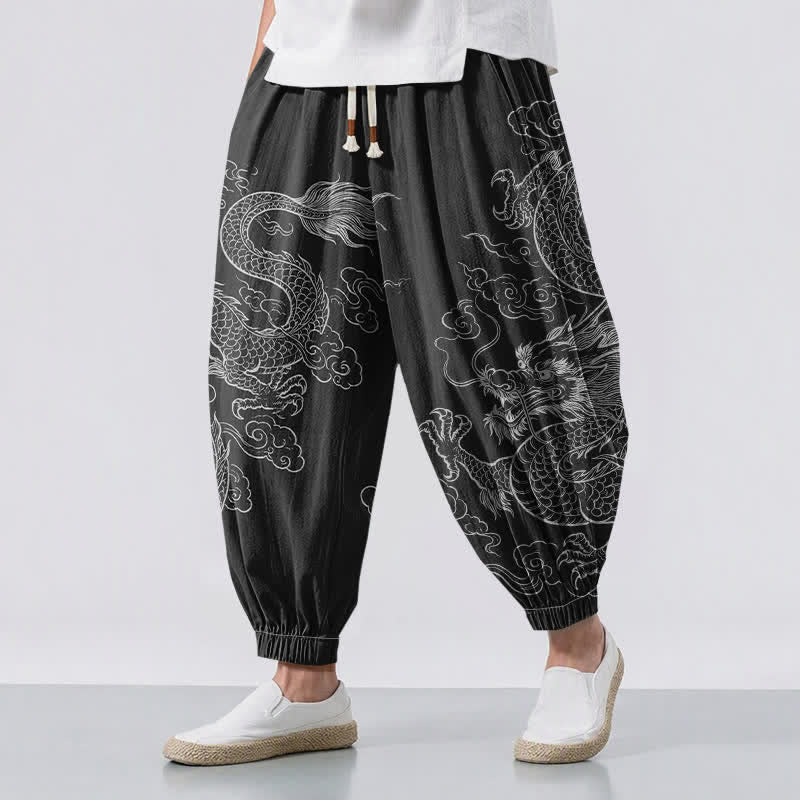 Buddha Stones Pantaloni harem da uomo in puro cotone con coulisse e tasche, fantasia drago e nuvole. - Nero - US/UK/AU50, EU60 (5XL) - image 0