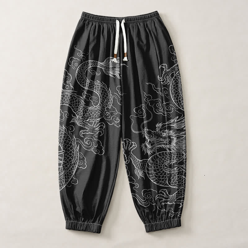 Buddha Stones Pantaloni harem da uomo in puro cotone con coulisse e tasche, fantasia drago e nuvole. - image 1