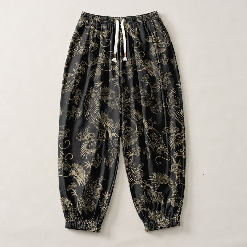 Buddha Stones Pantaloni harem da uomo in puro cotone con coulisse e tasche, fantasia Drago Mitico e Nuvole Auspiciose. - image 1