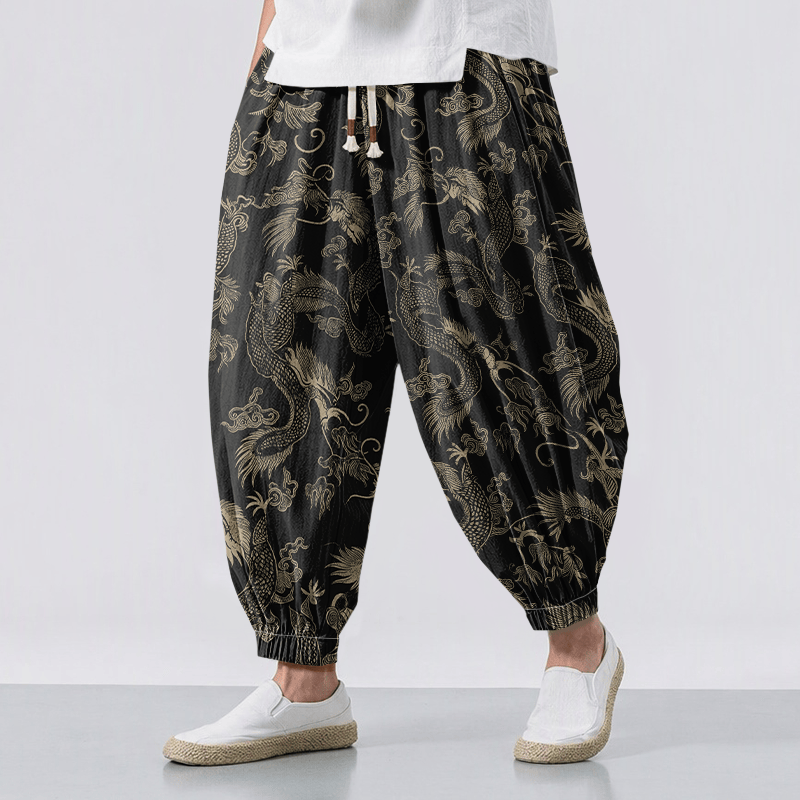 Buddha Stones Pantaloni harem da uomo in puro cotone con coulisse e tasche, fantasia Drago Mitico e Nuvole Auspiciose. - Nero - US/UK/AU50, EU60 (5XL) - image 0
