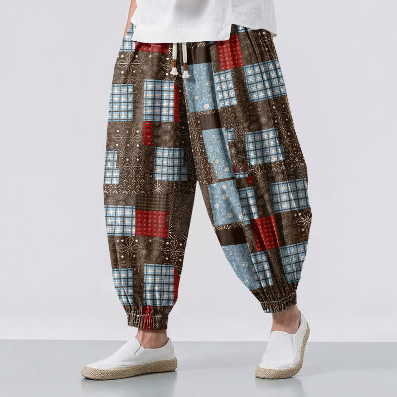 Buddha Stones Pantaloni harem da uomo in puro cotone, stile vintage patchwork a quadri, con coulisse e tasche. - Marrone sella - US/UK/AU50, EU60 (5XL) - image 0
