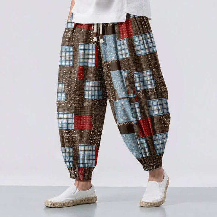 Buddha Stones Pantaloni harem da uomo in puro cotone, stile vintage patchwork a quadri, con coulisse e tasche. - Marrone sella - US/UK/AU50, EU60 (5XL) - image 0