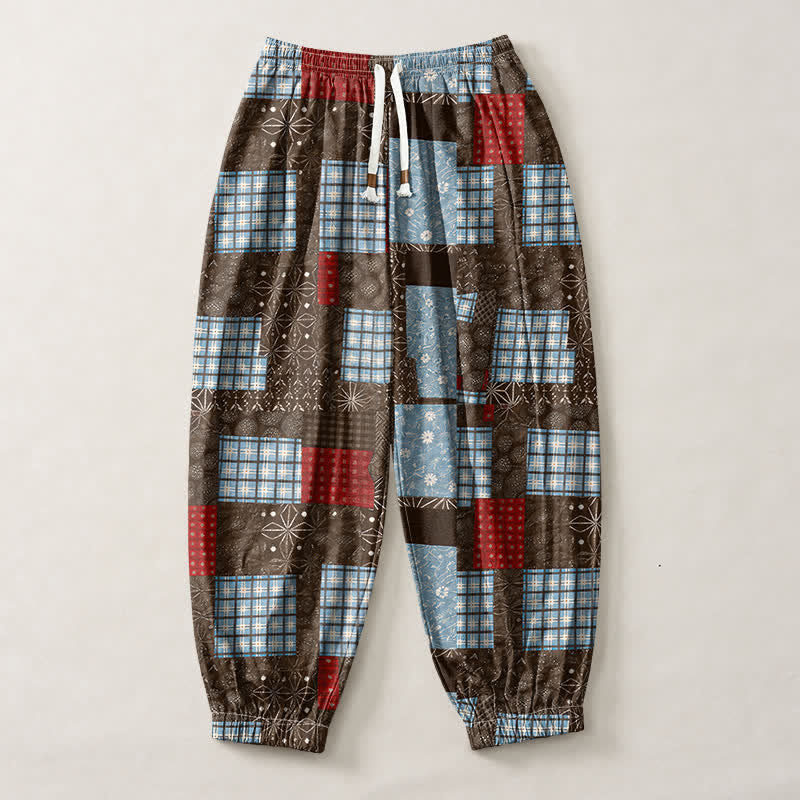 Buddha Stones Pantaloni harem da uomo in puro cotone, stile vintage patchwork a quadri, con coulisse e tasche. - image 1