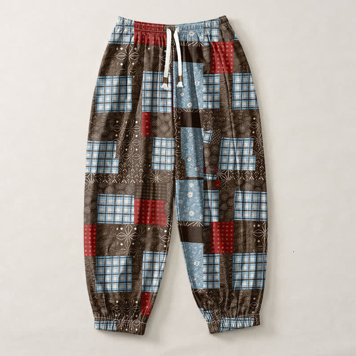 Buddha Stones Pantaloni harem da uomo in puro cotone, stile vintage patchwork a quadri, con coulisse e tasche. - image 1