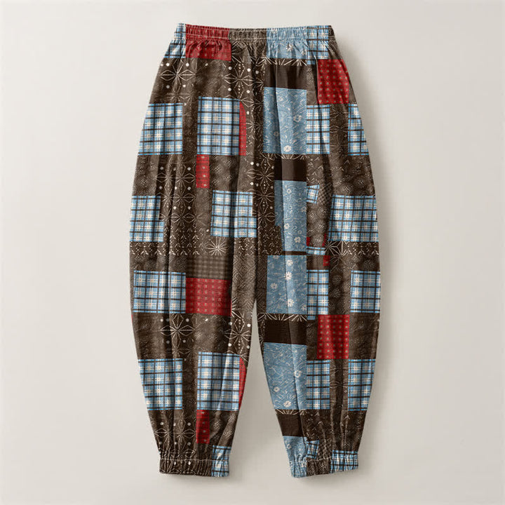 Buddha Stones Pantaloni harem da uomo in puro cotone, stile vintage patchwork a quadri, con coulisse e tasche. - image 2