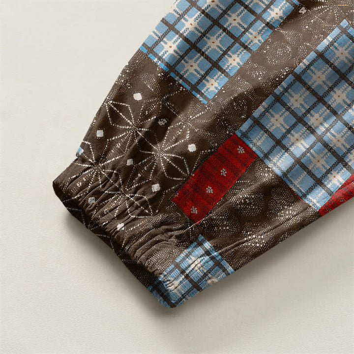 Buddha Stones Pantaloni harem da uomo in puro cotone, stile vintage patchwork a quadri, con coulisse e tasche. - image 4