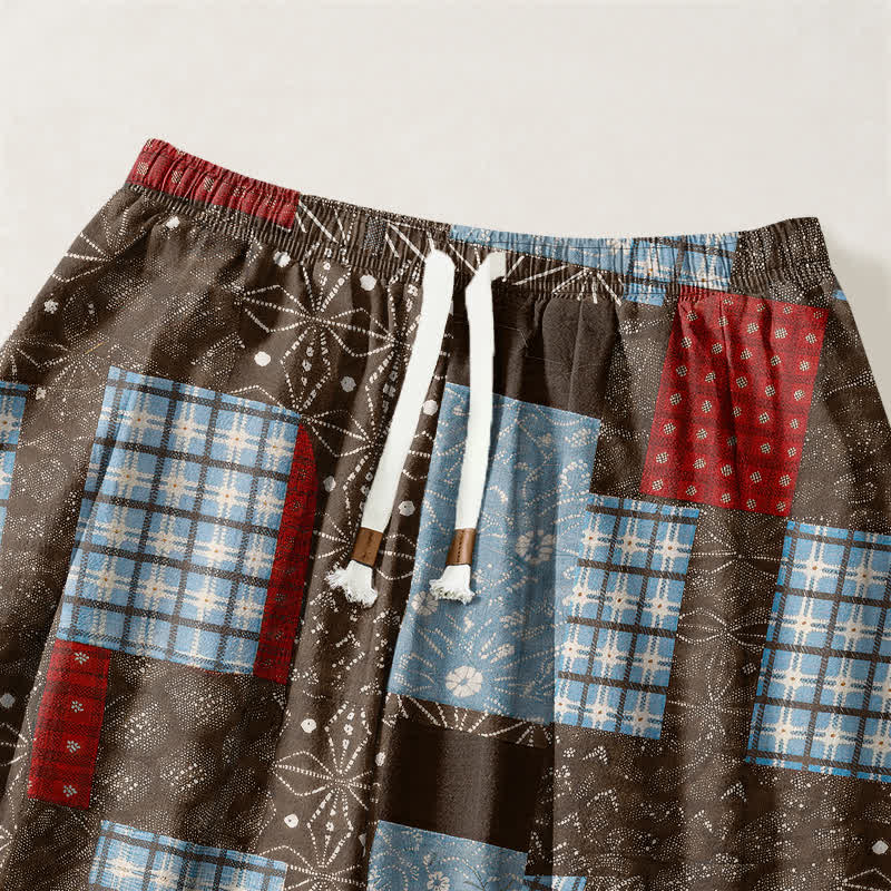 Buddha Stones Pantaloni harem da uomo in puro cotone, stile vintage patchwork a quadri, con coulisse e tasche. - image 3