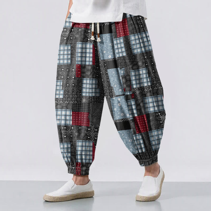 Buddha Stones Pantaloni harem da uomo in puro cotone, stile vintage patchwork a quadri, con coulisse e tasche. - Nero - US/UK/AU50, EU60 (5XL) - image 6