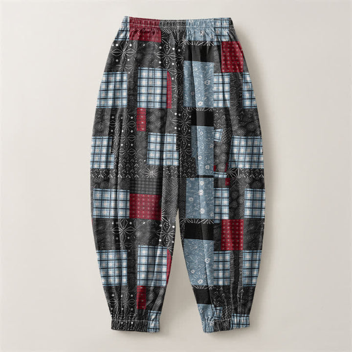 Buddha Stones Pantaloni harem da uomo in puro cotone, stile vintage patchwork a quadri, con coulisse e tasche. - image 8