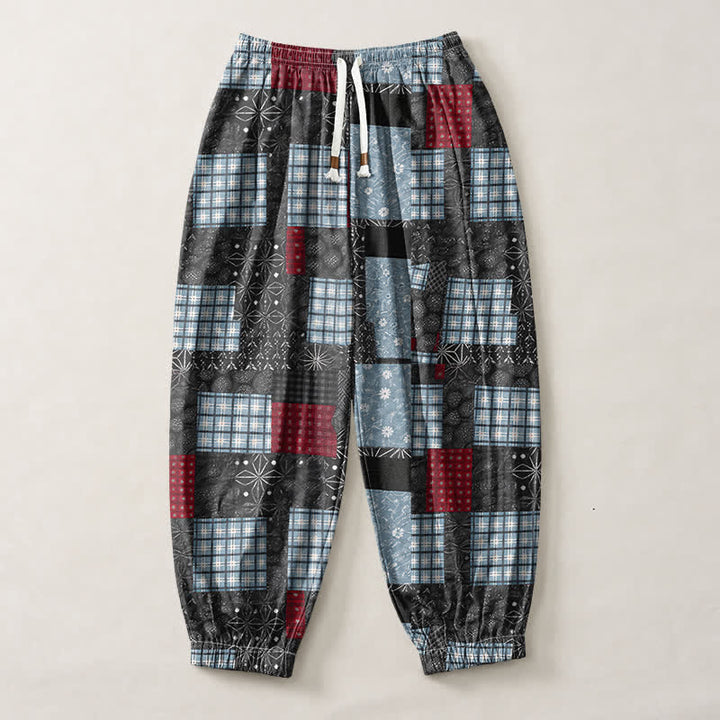 Buddha Stones Pantaloni harem da uomo in puro cotone, stile vintage patchwork a quadri, con coulisse e tasche. - image 7