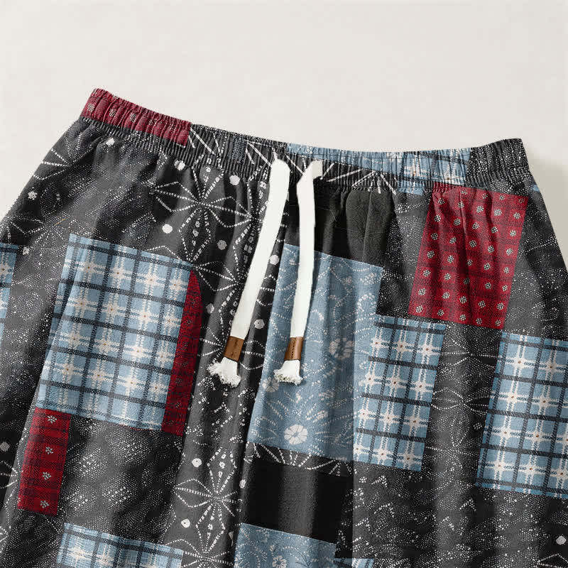 Buddha Stones Pantaloni harem da uomo in puro cotone, stile vintage patchwork a quadri, con coulisse e tasche. - image 9