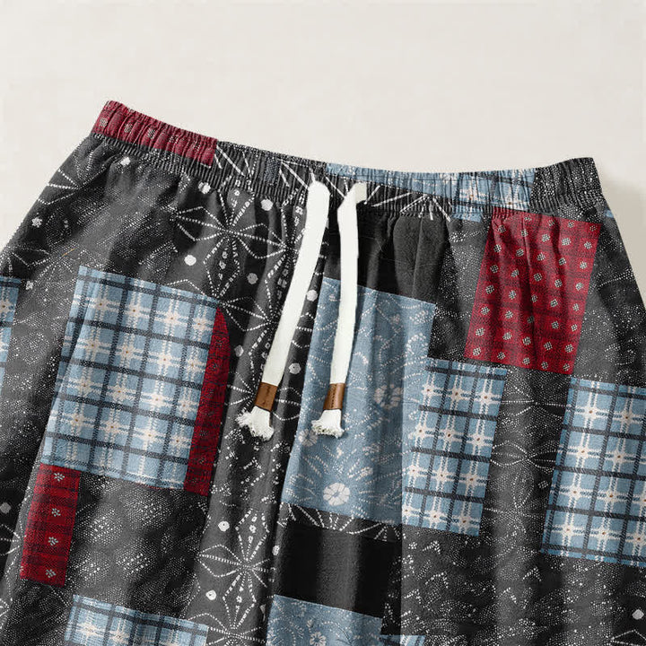 Buddha Stones Pantaloni harem da uomo in puro cotone, stile vintage patchwork a quadri, con coulisse e tasche. - image 9