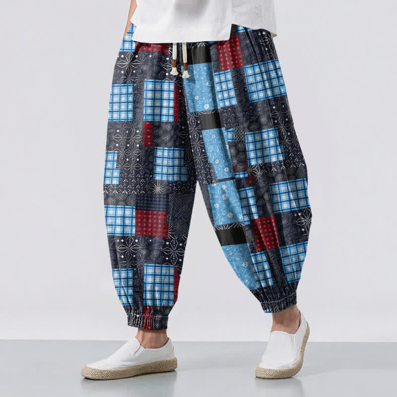 Buddha Stones Pantaloni harem da uomo in puro cotone, stile vintage patchwork a quadri, con coulisse e tasche. - Cielo Blu - US/UK/AU50, EU60 (5XL) - image 12