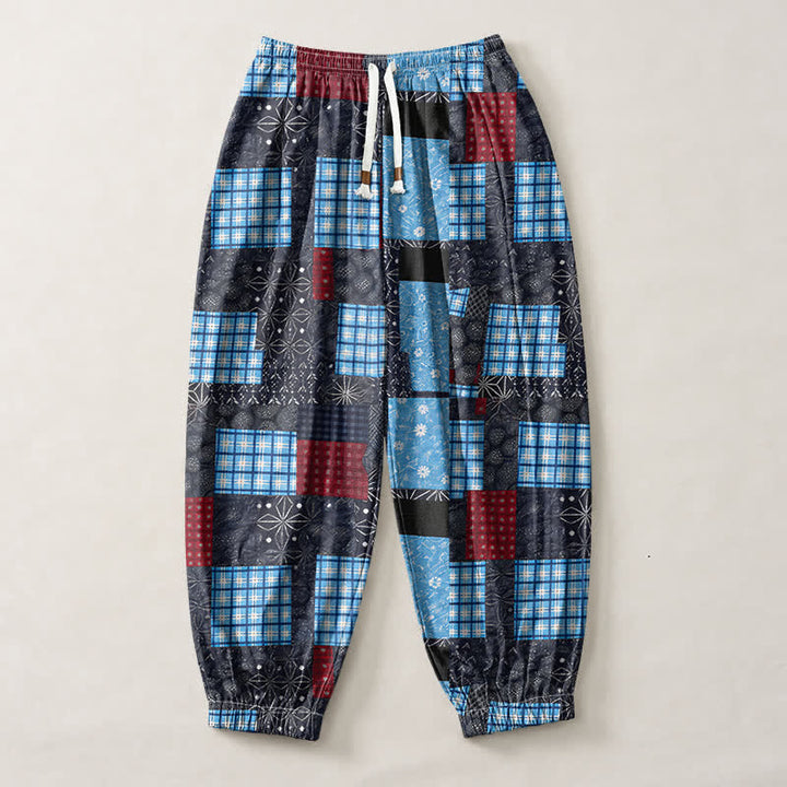Buddha Stones Pantaloni harem da uomo in puro cotone, stile vintage patchwork a quadri, con coulisse e tasche. - image 13