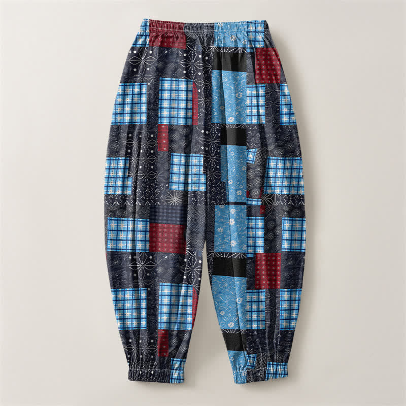 Buddha Stones Pantaloni harem da uomo in puro cotone, stile vintage patchwork a quadri, con coulisse e tasche. - image 14