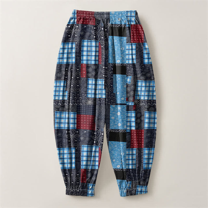 Buddha Stones Pantaloni harem da uomo in puro cotone, stile vintage patchwork a quadri, con coulisse e tasche. - image 14