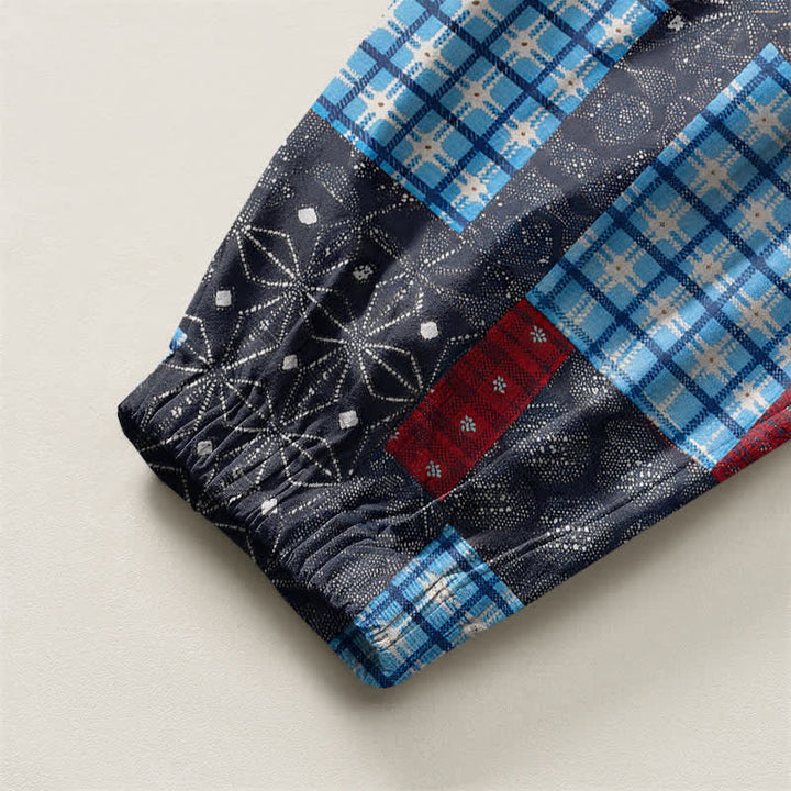 Buddha Stones Pantaloni harem da uomo in puro cotone, stile vintage patchwork a quadri, con coulisse e tasche. - image 16