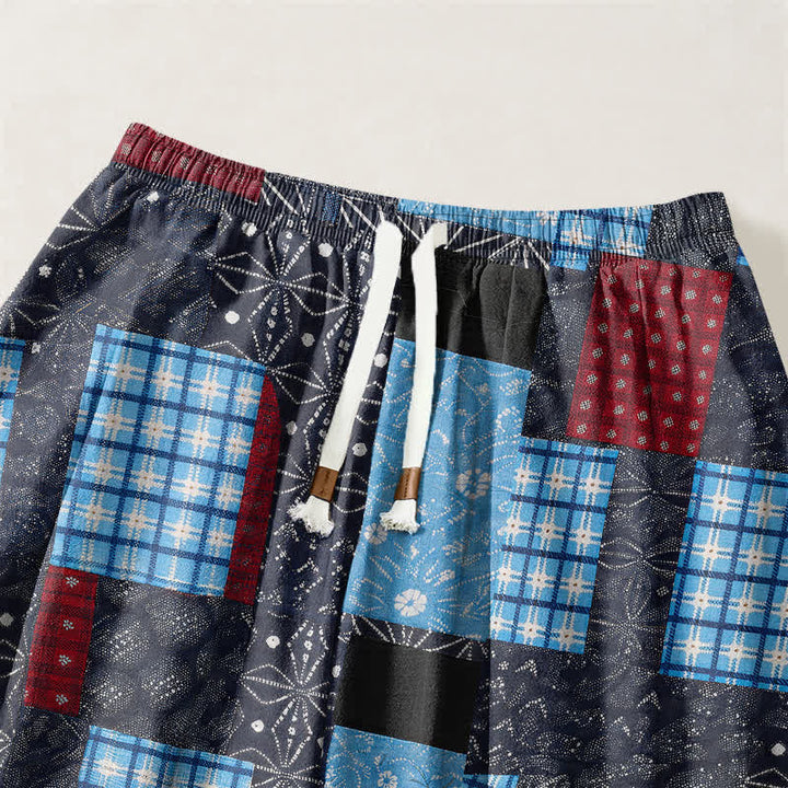 Buddha Stones Pantaloni harem da uomo in puro cotone, stile vintage patchwork a quadri, con coulisse e tasche. - image 15