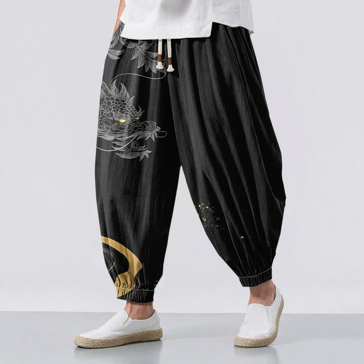 Buddha Stones Pantaloni harem da uomo in puro cotone con motivo drago orientale e coulisse, con tasche. - Nero - US/UK/AU50, EU60 (5XL) - image 0