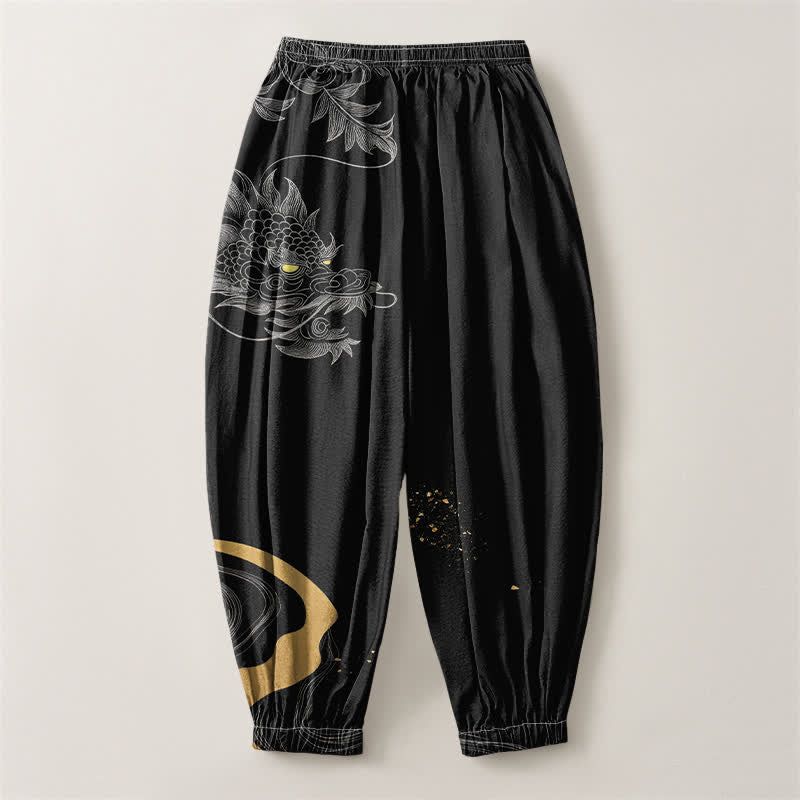 Buddha Stones Pantaloni harem da uomo in puro cotone con motivo drago orientale e coulisse, con tasche. - image 2