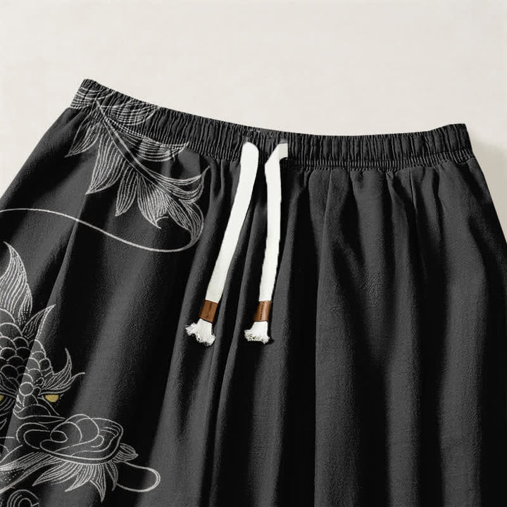 Buddha Stones Pantaloni harem da uomo in puro cotone con motivo drago orientale e coulisse, con tasche. - image 3