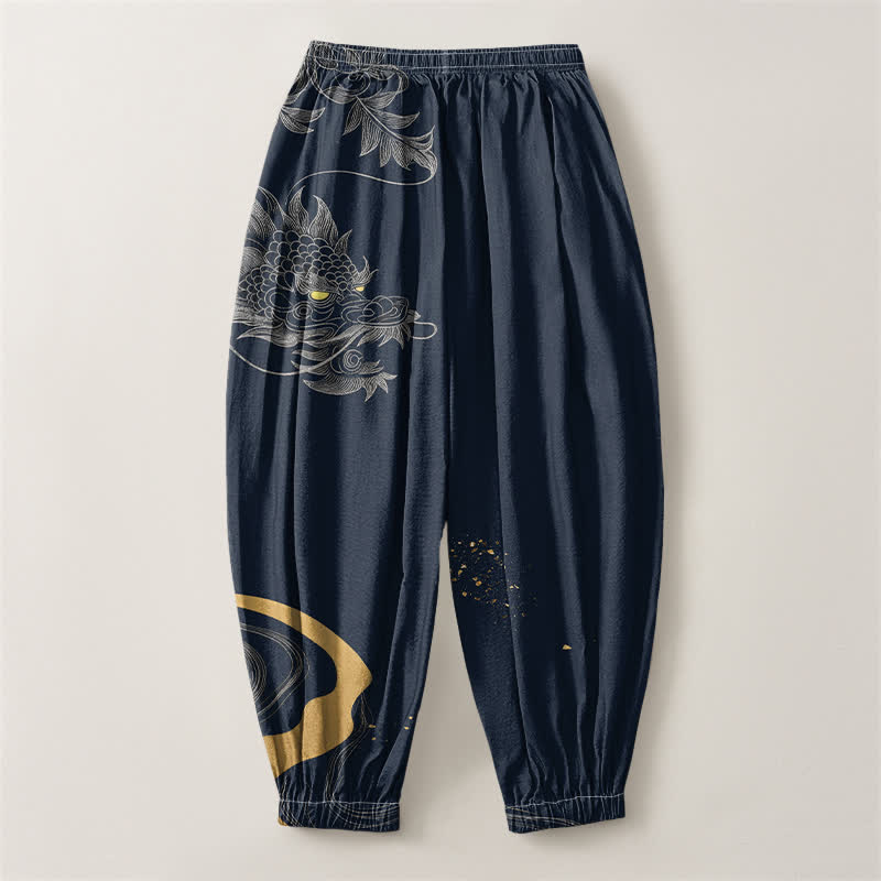 Buddha Stones Pantaloni harem da uomo in puro cotone con motivo drago orientale e coulisse, con tasche. - image 8