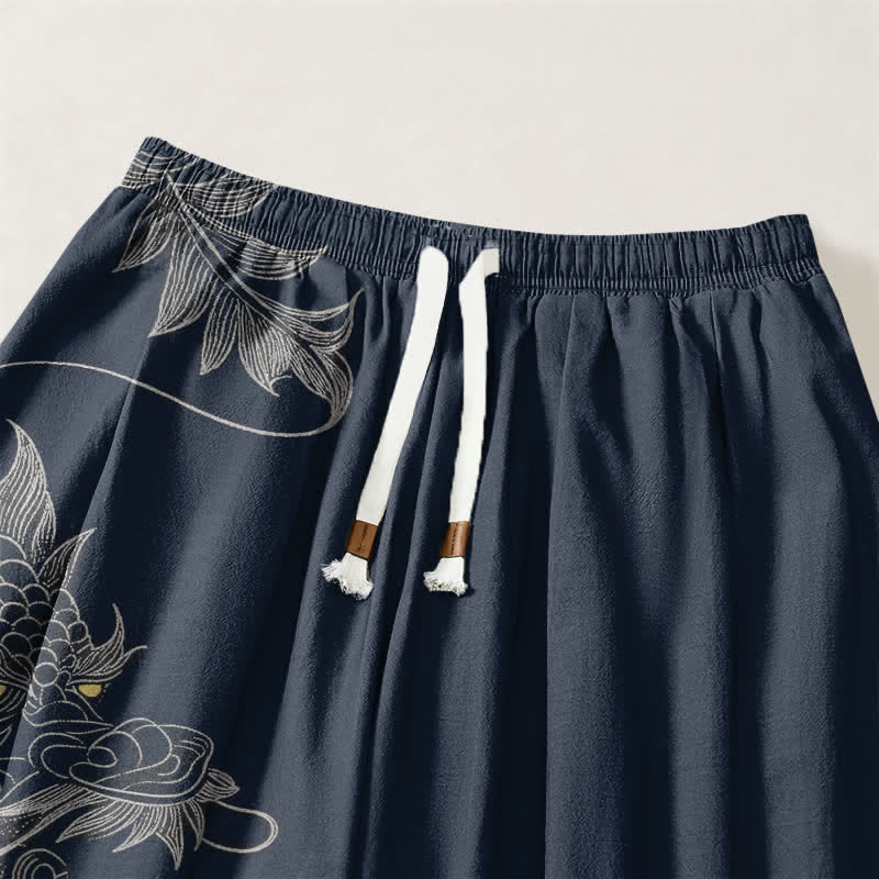 Buddha Stones Pantaloni harem da uomo in puro cotone con motivo drago orientale e coulisse, con tasche. - image 9