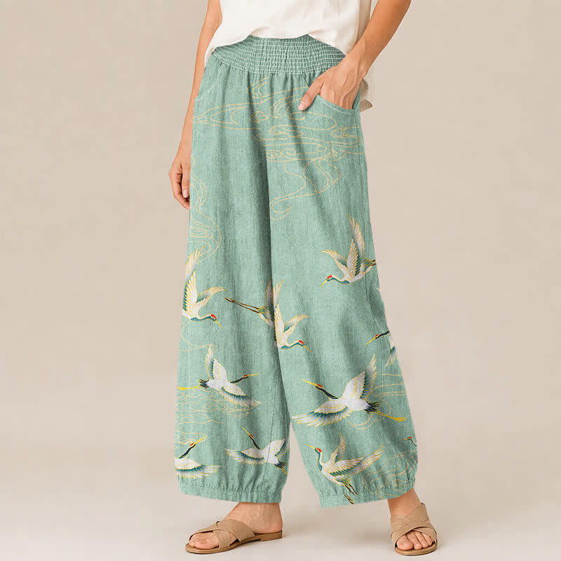 Buddha Stones Pantaloni harem da donna in cotone con motivo a gru e nuvole orientali, plissettati e vita elasticizzata, con tasche. - image 1