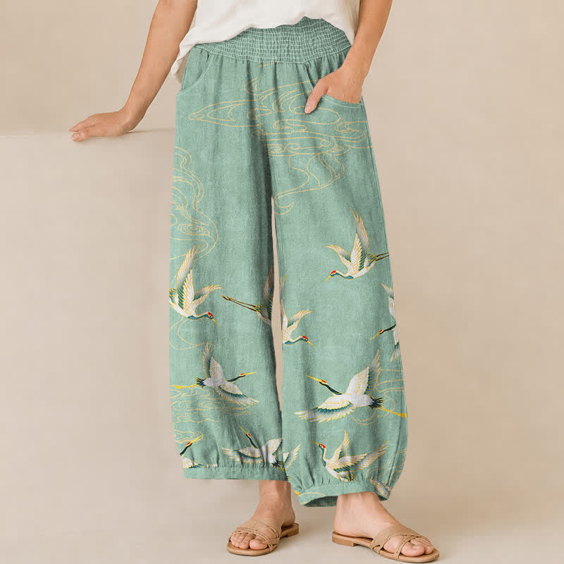 Buddha Stones Pantaloni harem da donna in cotone con motivo a gru e nuvole orientali, plissettati e vita elasticizzata, con tasche. - Acquamarina media - US16, UK/AU20, EU48 (3XL) - image 0