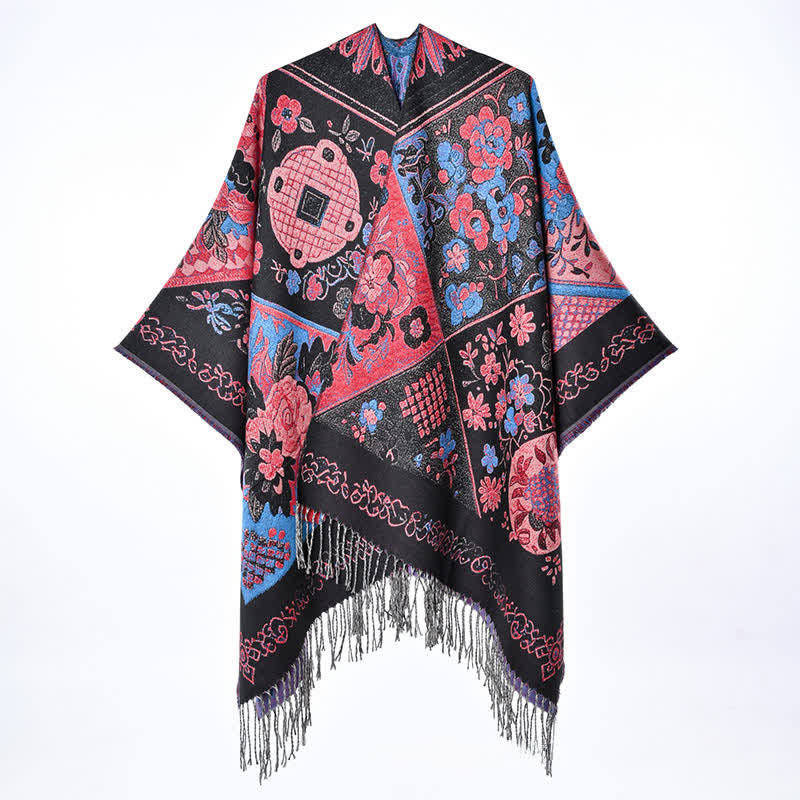 Buddha Stones Sciarpa da donna autunno/inverno in stile boho con patchwork floreale e nappe. - image 1