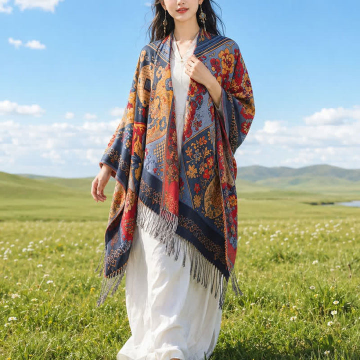 Buddha Stones Sciarpa da donna autunno/inverno in stile boho con patchwork floreale e nappe. - Arancia - 140x160 cm - image 4