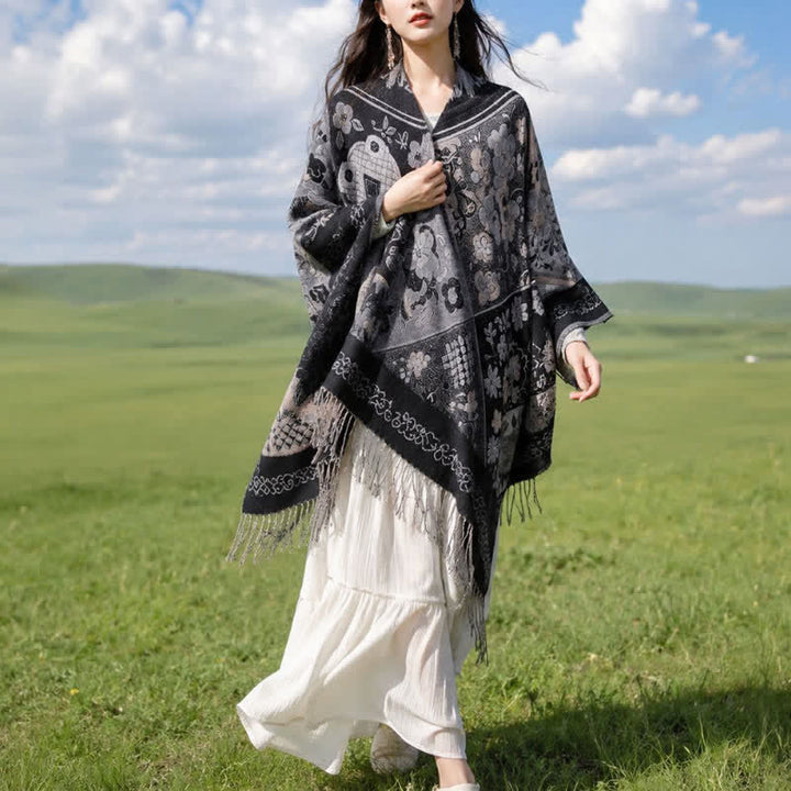 Buddha Stones Sciarpa da donna autunno/inverno in stile boho con patchwork floreale e nappe. - Nero - 140x160 cm - image 8
