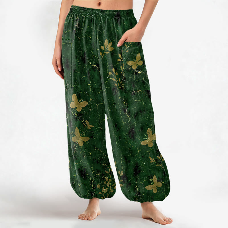 Buddha Stones Pantaloni harem da donna in cotone con elastico in vita e motivo a farfalle botaniche, con tasche laterali. - Verde studentesco - US16, UK/AU20, EU48 (3XL) - image 0